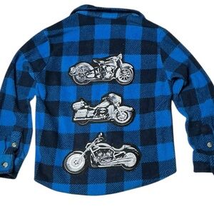 Upcycled Fleece Buffalo Check shirt Jacket Motorcycle Theme